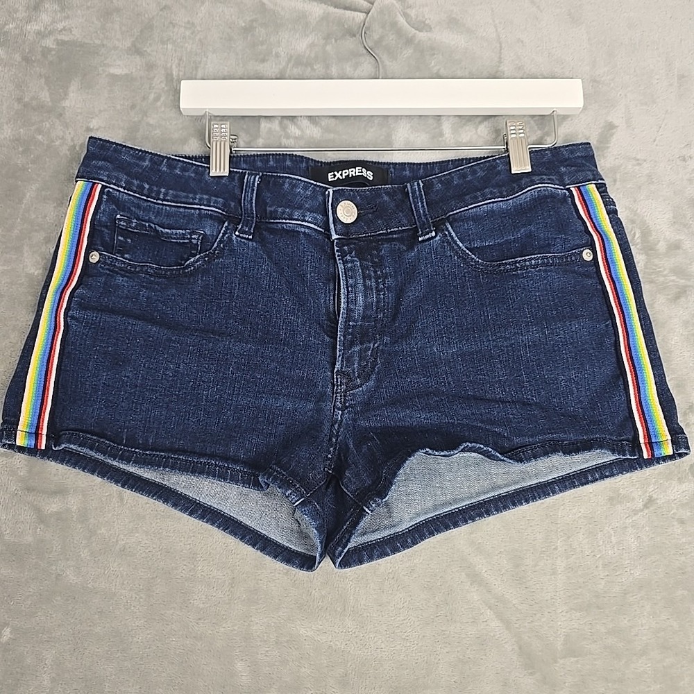 Express Womens Shortie Relaxed Low Rise Denim Jean Shorts 10 Blue Rainbow Y2K‎